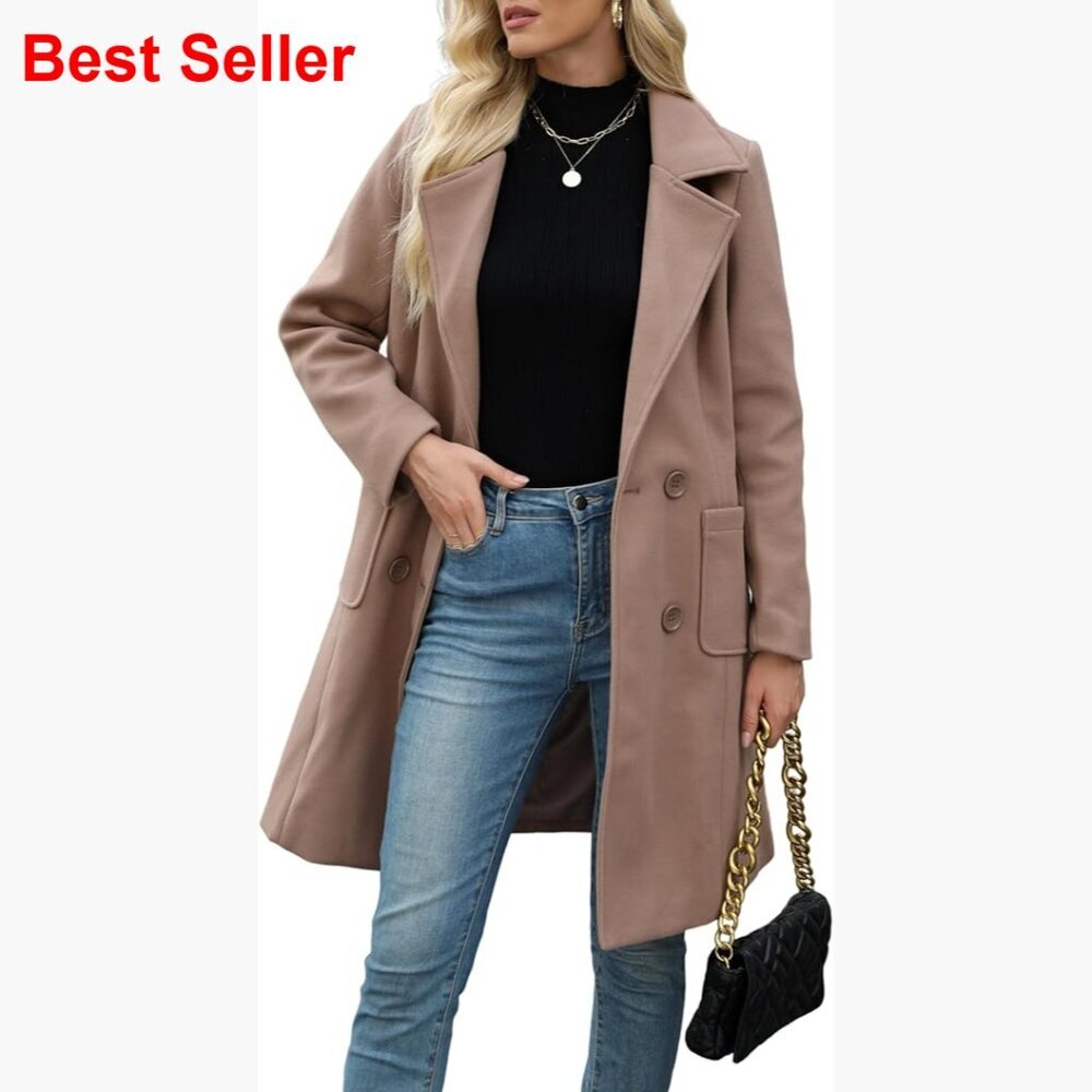 Wool Blend Double-Breasted Pea Coat Notch Lapel Winter Coat
